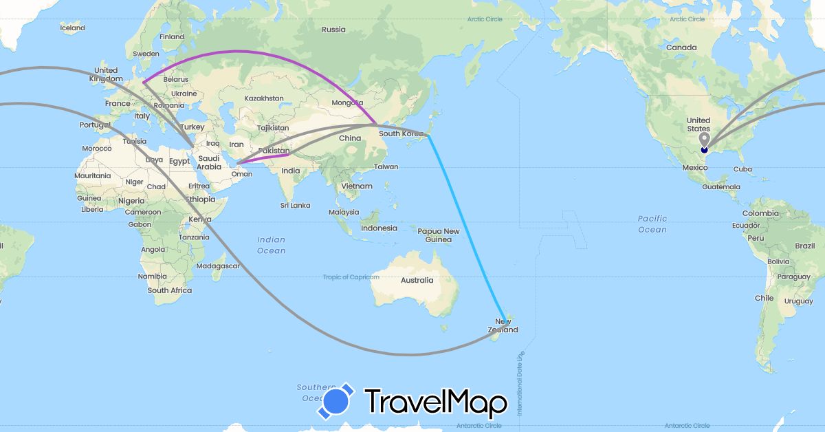 TravelMap itinerary: driving, plane, train, boat in United Arab Emirates, China, Germany, Algeria, Israel, India, Japan, New Zealand, United States (Africa, Asia, Europe, North America, Oceania)